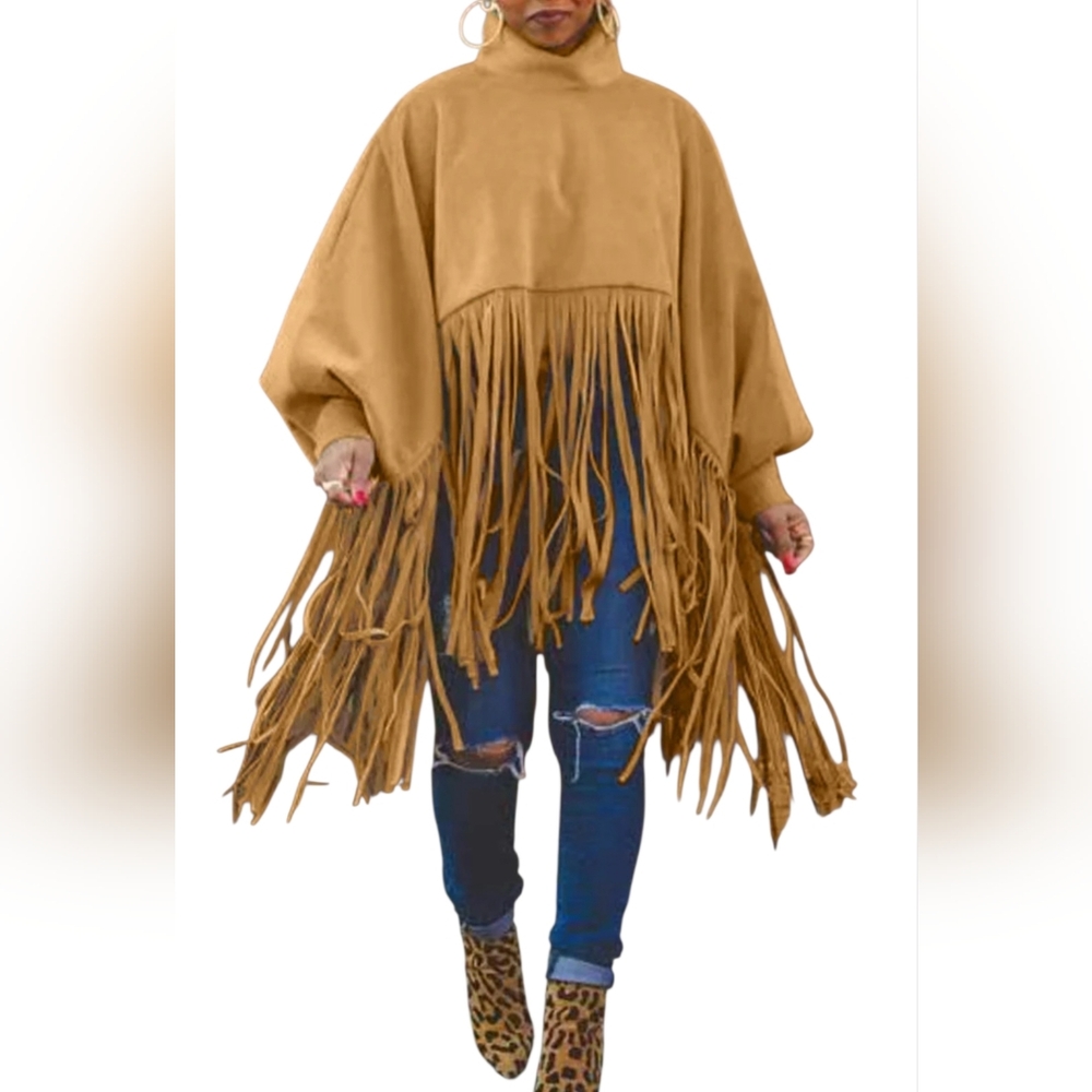 Fringe Turtleneck Poncho Top NWOT
